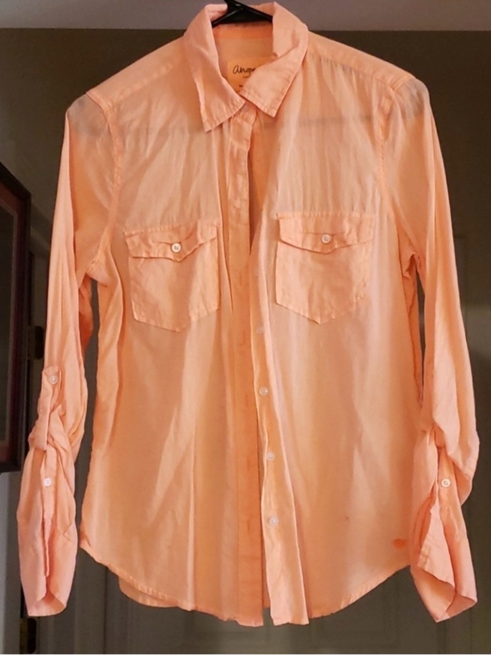 Aeropostale Peach Sheer Button Up Blouse M Lightweight Casual Top